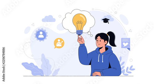 Young woman holding a glowing lightbulb, symbolizing innovation, inspiration, and creative thinking in education or business.