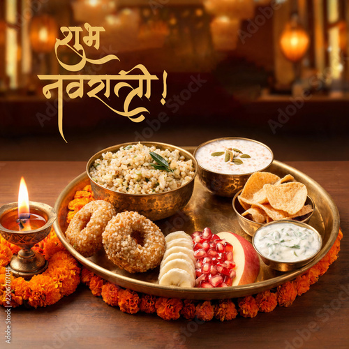 Happy Subh Navratri Traditional Indian Food Thali Minimal Social Media Post