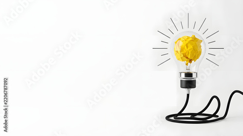 Conceptual representation of a creative idea featuring a light bulb filled with yellow crumpled paper on a white background with a power cord, symbolizing innovation and brainstorming.