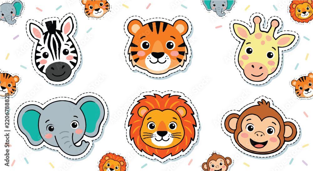 Obraz premium Vibrant and Adorable Collection of Cute Cartoon Jungle and Safari Animal Face Stickers for Children's Designs, Playful Decorations, and Educational Themes