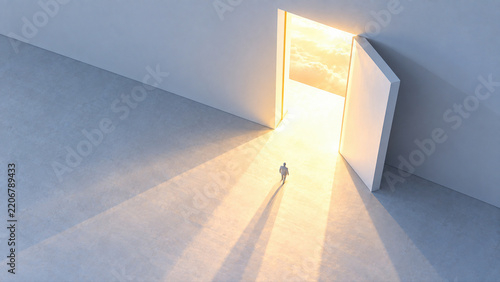 Miniature figure approaching a tall open door filled with warm light, opportunity and transformation in a vast space. 3D minimal business concept for career coaching and leadership development.