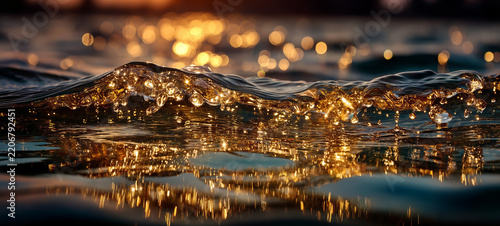 Golden reflections glimmer across a closeup of rippling water