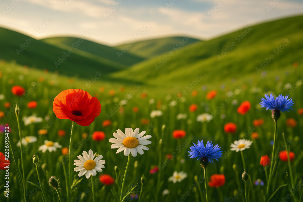Obraz premium Poppies and daisies blooming across a rolling green meadow