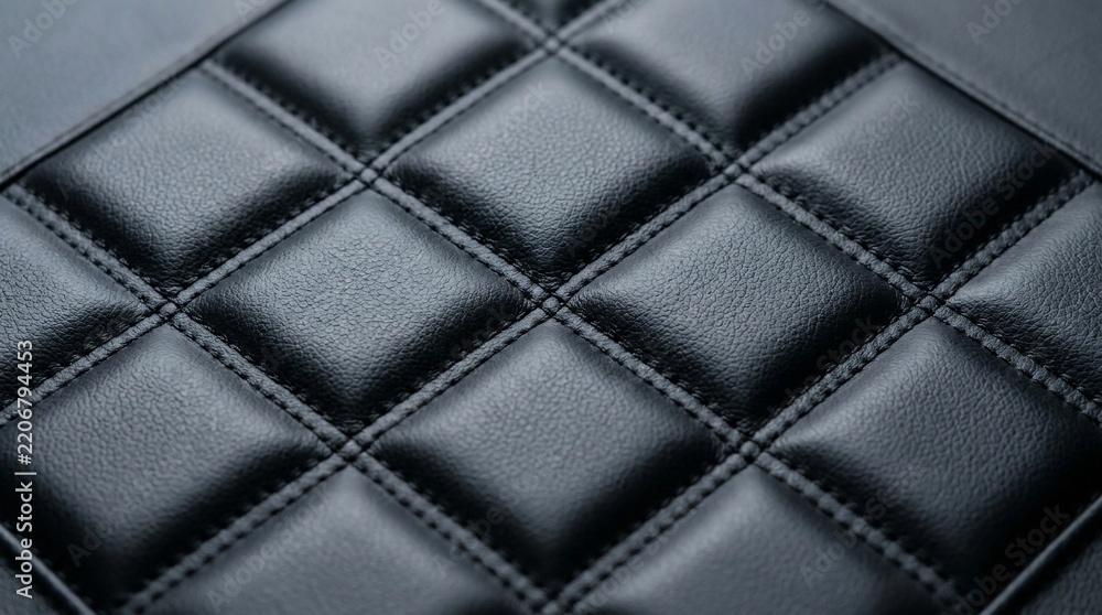 Fototapeta premium Premium black quilted leather texture with elegant diamond pattern stitching for luxury car interior or high-end furniture background.