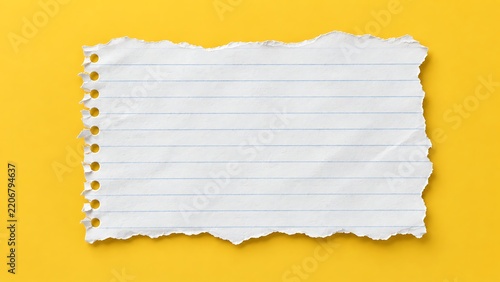 Torn white notebook paper sheet with spiral binding edge against bright yellow background for creative office document needs.