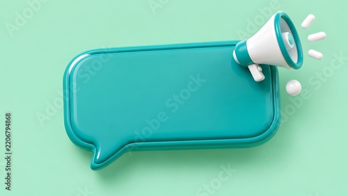 3d speech bubble with megaphone isolated on light green background for social media marketing and communication news alert.