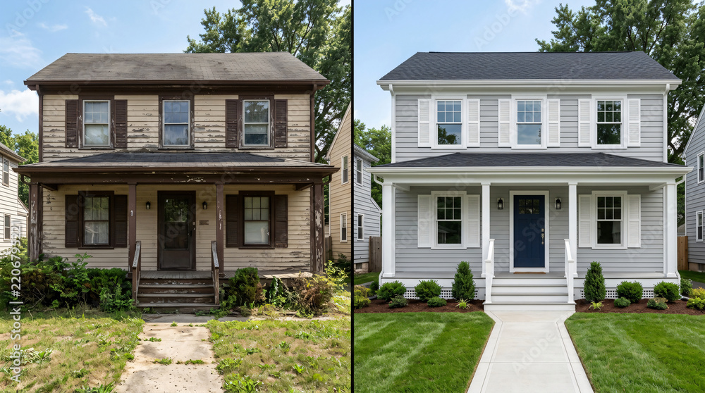 Fototapeta premium house renovation before and after comparison | home exterior makeover transformation | residential property flipping and remodeling | modernizing old colonial house exterior