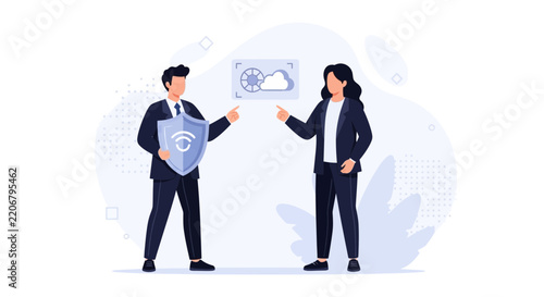 Business people discuss cloud security and data protection with shield icon and cloud symbol