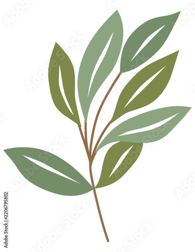 Minimalist Flat-Style Botanical Illustration of a Green Leafy Twig