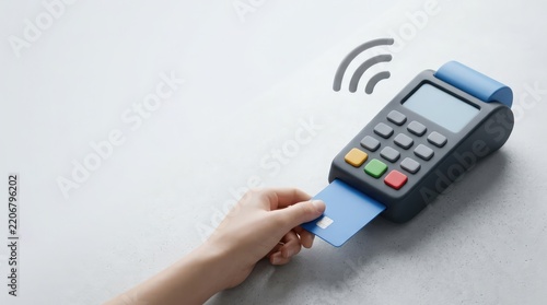 3D Illustration of a Hand Inserting a Credit Card into a Stylized Point of Sale POS Terminal for Secure Cashless Payment and Digital Financial Transaction on Minimalist Background
