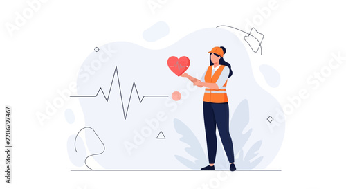 Construction worker holding a heart with cardiogram, symbolizing health and safety in the workplace