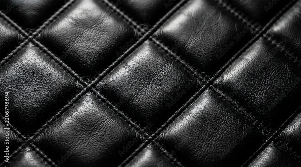 Naklejka premium Black quilted leather texture close-up with diamond pattern stitching for luxury fashion background or automotive interior design upholstery