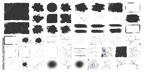 Black Vector Grunge Texture Set with Crack Patterns, Ink Splatters, Frames, and Brush Strokes Isolated on White Background   