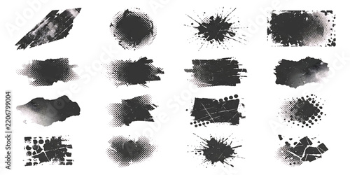 Black Vector Halftone Grunge Brush Strokes and Ink Splatter Elements Set Isolated on White Background   