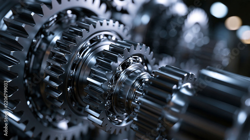 Close-Up of Polished Metallic Gears and Mechanical Transmission