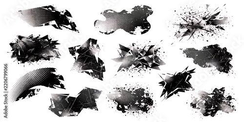 Black Abstract Geometric Grunge Vector Banners and Ink Splatter Elements Set Isolated on White Background   
