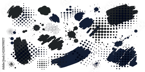 Black Halftone Grunge Brush Strokes and Ink Splatter Vector Elements Set Isolated on White Background