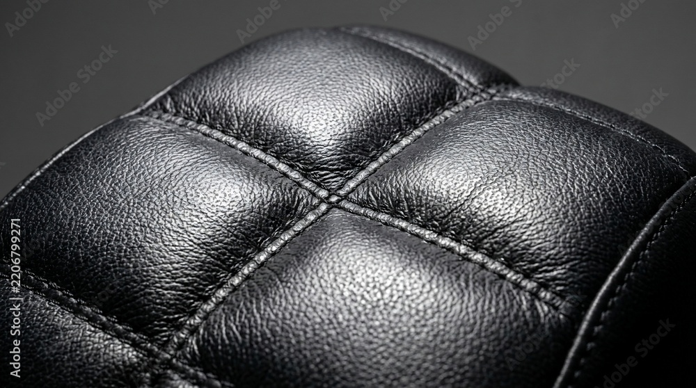 Naklejka premium Close-up macro shot of black quilted synthetic leather upholstery with detailed stitching and grain texture for luxury furniture design.