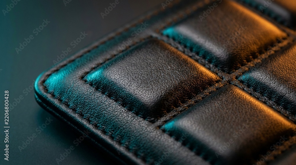 Naklejka premium Macro View of Premium Black Quilted Synthetic Leather Texture with Teal and Orange Cinematic Lighting Highlights and Professional Stitching Detail