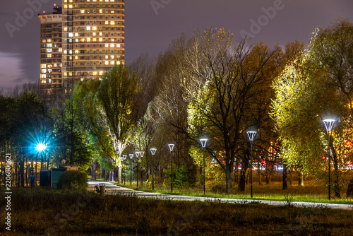 Photography Atmospheric evening park alley with glowing modern street lamps, illuminated autumn trees, and tall apartment building glowing in background in Strogino, Moscow, Russia
