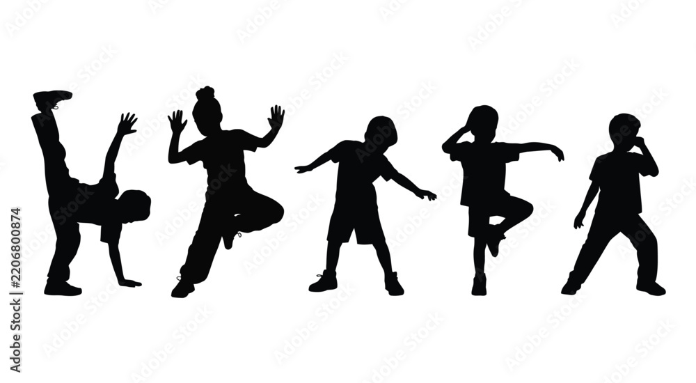 Fototapeta premium Black silhouette set of five children dancing, jumping, and moving energetically on a white background, representing youth, joy, play, physical activity, and expressive movement
