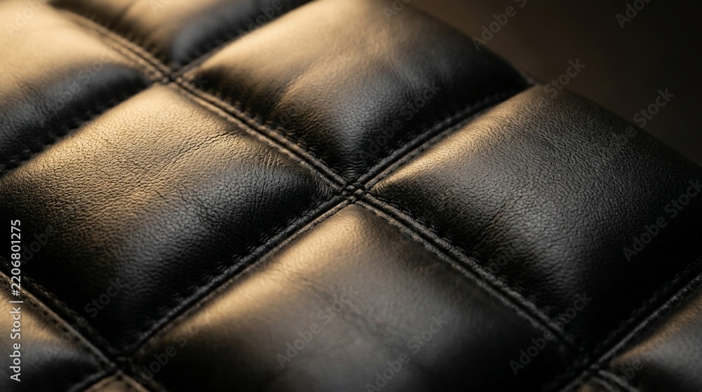 Naklejka premium Luxury Black Quilted Synthetic Leather Texture Detail with Stitching and Soft Warm Lighting for Interior Design Backgrounds