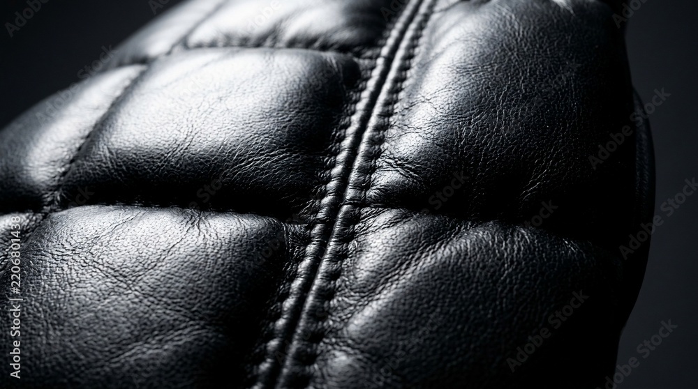 Fototapeta premium Premium macro view of black synthetic leather texture with elegant quilted stitching details for upholstery and fashion.