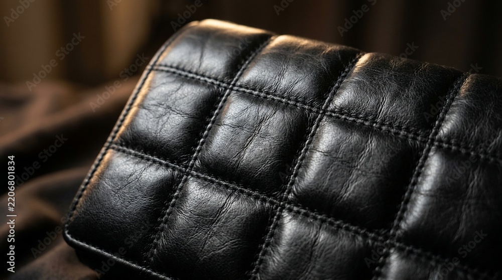 Naklejka premium Close up Detail of Luxury Black Quilted Synthetic Leather Texture with Elegant Stitching Pattern for Fashion Design Backdrop