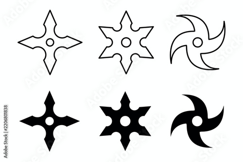 Vector Shuriken Outline Icons Set. Vector shuriken outline editable icons