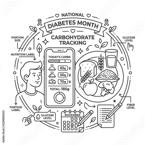 Carbohydrate tracking mobile application concept vector illustration for diabetes management and healthy lifestyle awareness in November