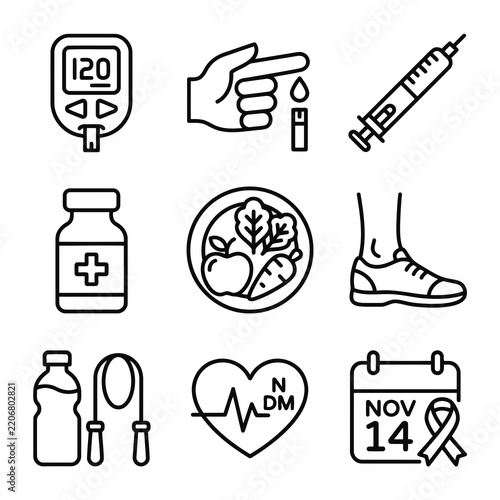 Set of outline vector icons representing diabetes care, blood glucose testing, insulin, healthy diet, and physical activity management for health awareness
