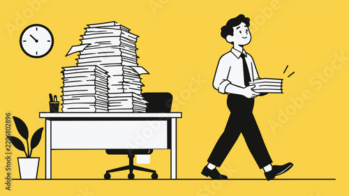 Illustration of an office worker walking away from a desk piled with paperwork, symbolizing work avoidance, burnout, and the desire not to work.