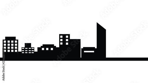 Black and white city skyline silhouette vector graphic featuring modern buildings and skyscrapers suitable for urban design and background concepts