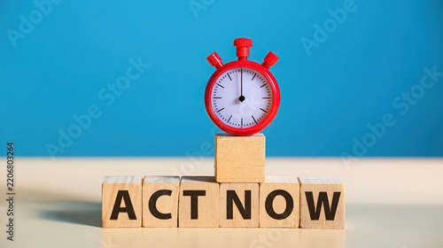 Red clock stands on a wooden cube above the words ACT NOW over a bright blue background.