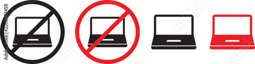 No laptop computer icon vector illustration with forbidden device symbol, Prohibited notebook sign flat design element, Stop PC vector graphic set