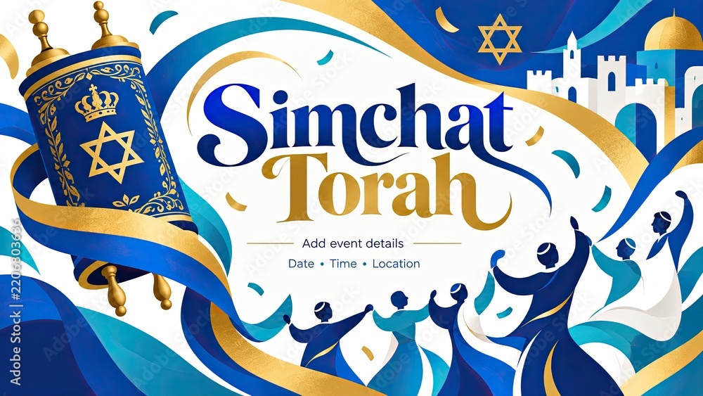 Obraz premium Colorful Simchat Torah celebration illustration featuring a Torah scroll, dancing figures, Jewish symbols, and space for event details.