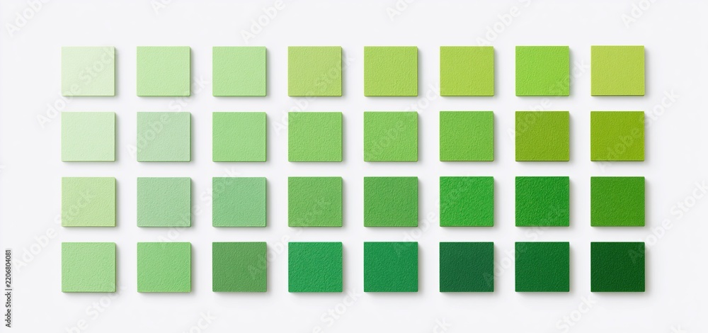 Naklejka premium Gradient of green color swatches displayed in a seamless transition from pale mint to rich forest shades.