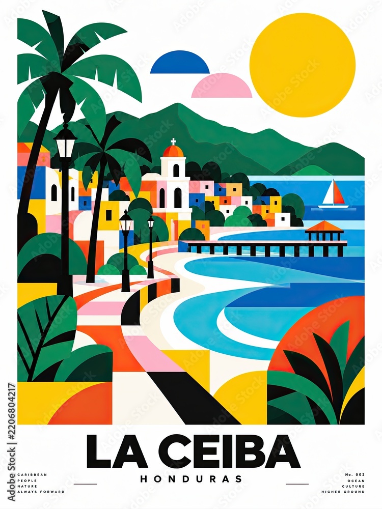 Fototapeta premium Colorful flat-design travel poster depicting La Ceiba, Honduras, with tropical palms, coastal bay, mountains, boats, pier, church, and bold typography.