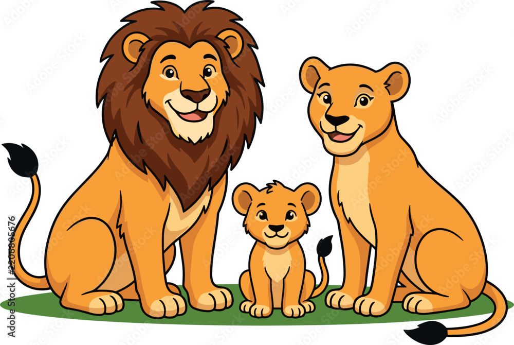 Fototapeta premium Cute Cartoon Lion Family Vector Illustration with Male Lion Lioness and Small Cub Sitting for Kids Safari Theme Designs and Children Storybooks