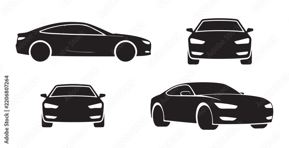 Obraz premium Sport sedan car vector silhouettes including perspective view side and front for technical manuals.