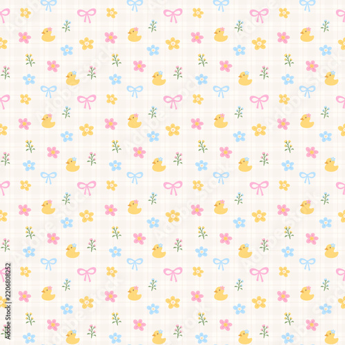 Cute Ducklings with Flowers and Bows on Soft Plaid