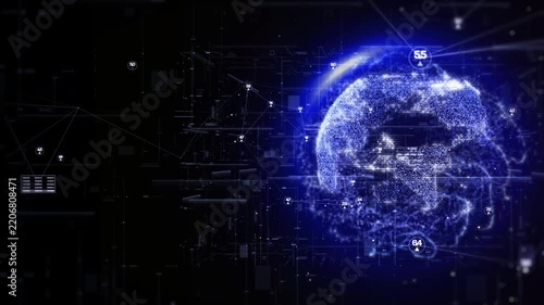 Abstract Digital Realistic Spinning Earth with Data Low Poly Numbers, Flare Ring, and Futuristic Network Lines. Global Business Communication and World Technology Concept. 