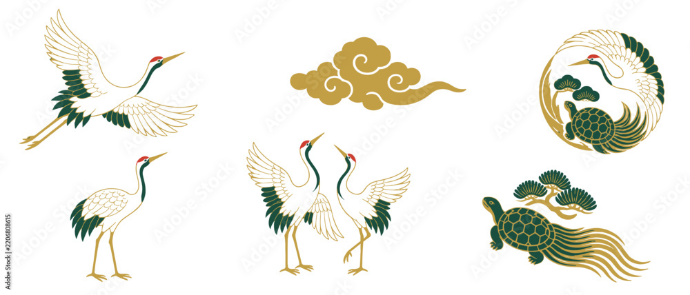 Obraz premium Japanese crane and turtle icons in gold and green traditional style