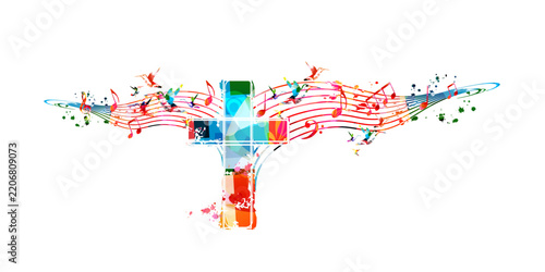 Colorful christian cross with music notes isolated vector illustration. Religion themed background. Design for gospel church music, concert, festival, choir singing, Christianity, prayer
