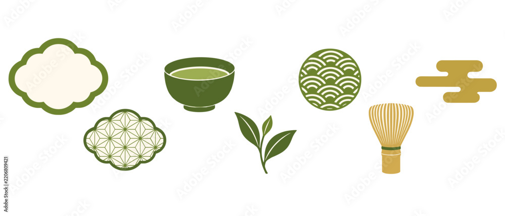 Fototapeta premium Japanese tea ceremony icons with matcha bowl whisk and cloud