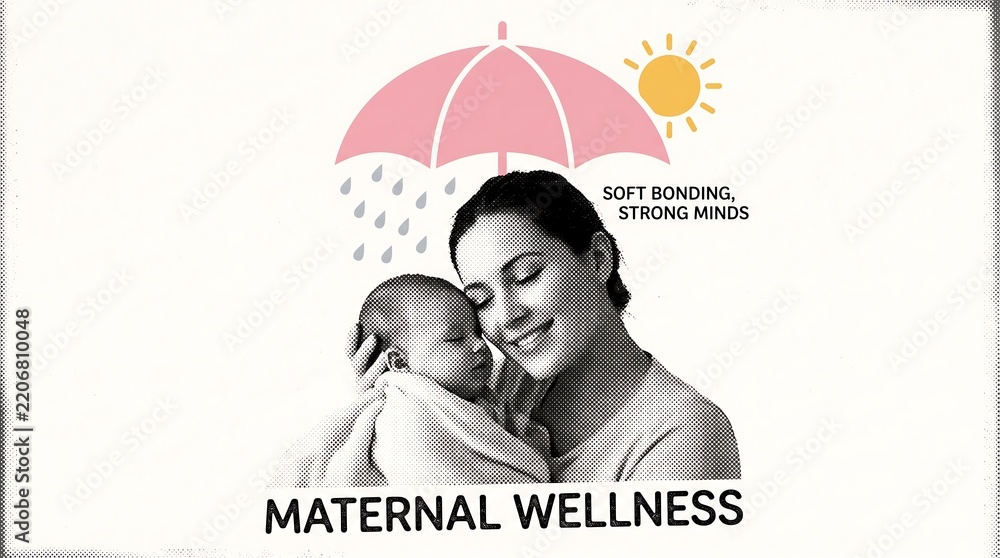 Obraz premium Maternal wellness concept with mother holding baby under pink umbrella and sun illustration