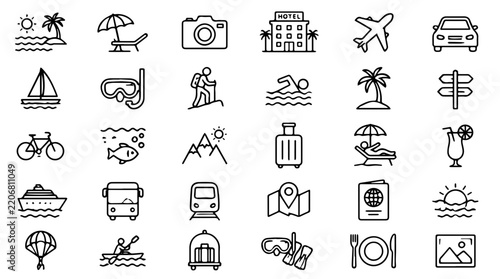 Travel Icon Set Featuring Vacation Transportation and Leisure Activities