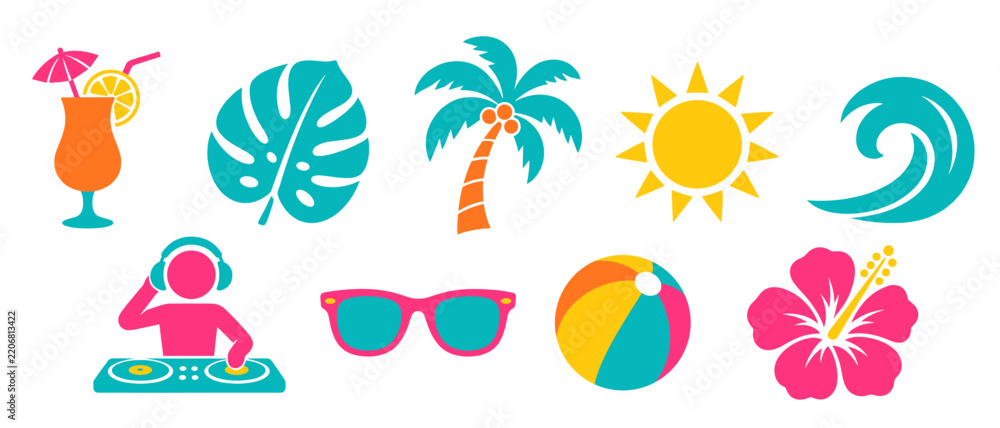 Fototapeta premium Tropical summer icons with cocktail palm leaf and dj