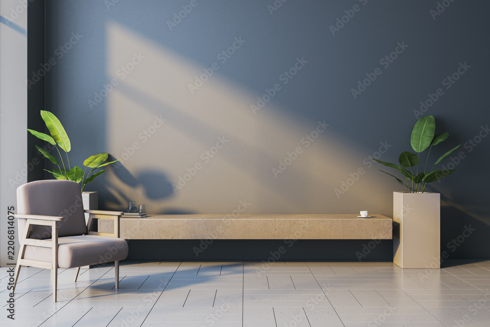 Obraz premium Modern Interior Wall Mockup With Blank Copyspace, Contemporary Chair, Plants, Sunlight, Shadows, and Branding Display Template. 3D Rendering