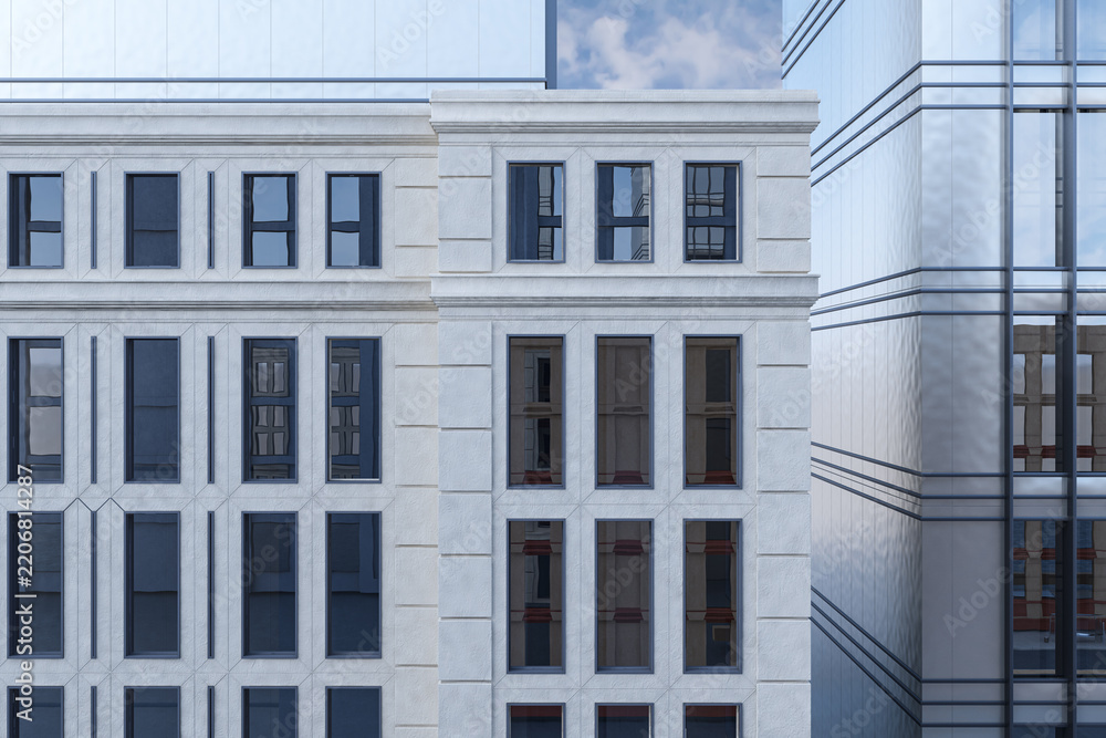 Obraz premium Modern commercial office building facade with reflective windows and classical architectural details against a bright outdoor sky. 3D Rendering